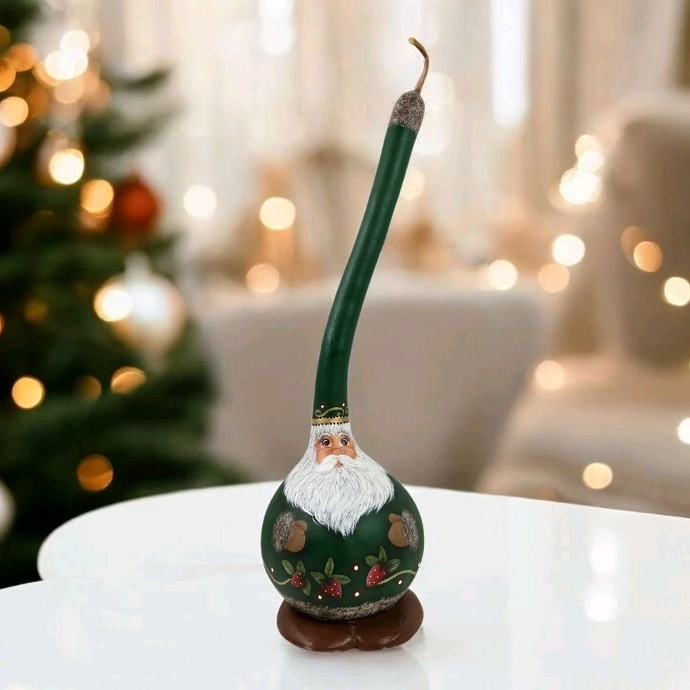 Vtg 1994 Hand Painted Green Woodland Folk Art Santa Claus Gourd 17" Artist Sign